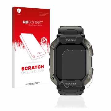 Parte frontal de un envase de producto con el logotipo de la marca upscreen. Al lado se muestra el dispositivo Kospet Tank M1 