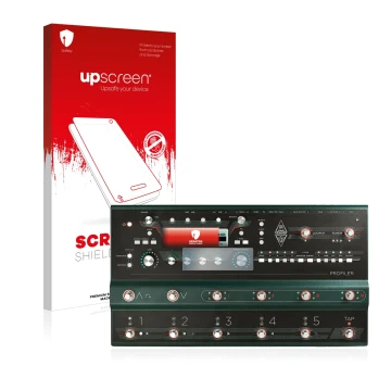 Parte frontal de un envase de producto con el logotipo de la marca upscreen. Al lado se muestra el dispositivo Kemper Profiler