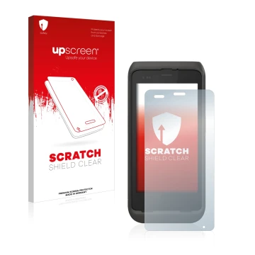 Parte frontal de un envase de producto con el logotipo de la marca upscreen. Al lado se muestra el dispositivo Honeywell CT45 