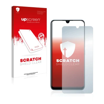 Parte frontal de un envase de producto con el logotipo de la marca upscreen. Al lado se muestra el dispositivo Vivo V20 SE con
