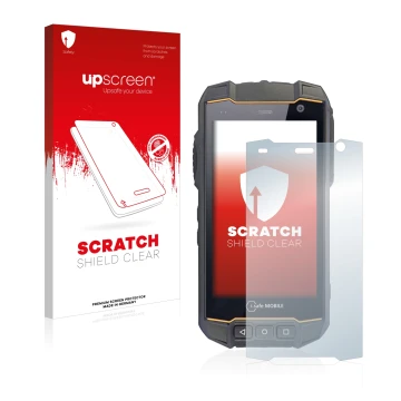 Parte frontal de un envase de producto con el logotipo de la marca upscreen. Al lado se muestra el dispositivo i.safe MOBILE I