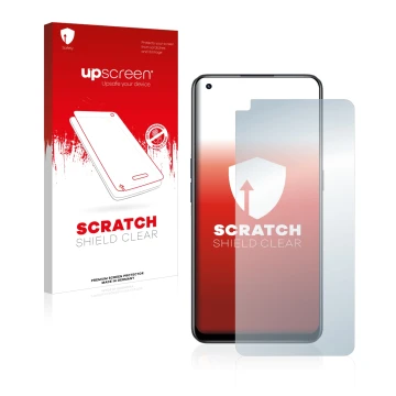 Parte frontal de un envase de producto con el logotipo de la marca upscreen. Al lado se muestra el dispositivo realme 9 Pro Pl