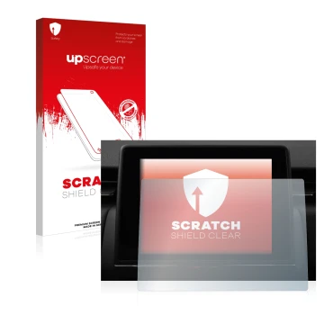 Parte frontal de un envase de producto con el logotipo de la marca upscreen. Al lado se muestra el dispositivo Renault Captur 