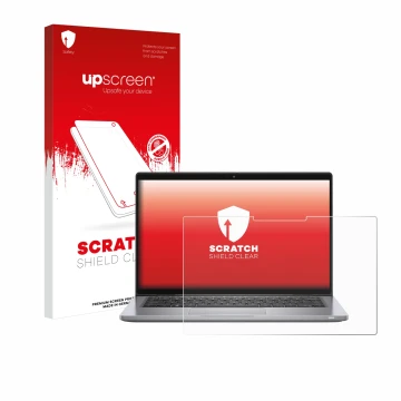 Parte frontal de un envase de producto con el logotipo de la marca upscreen. Al lado se muestra el dispositivo Dell Latitude 7