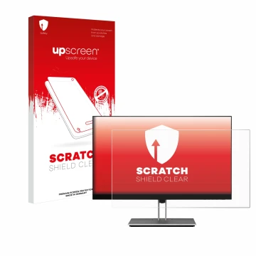 Parte frontal de un envase de producto con el logotipo de la marca upscreen. Al lado se muestra el dispositivo HP E24 G4 con s