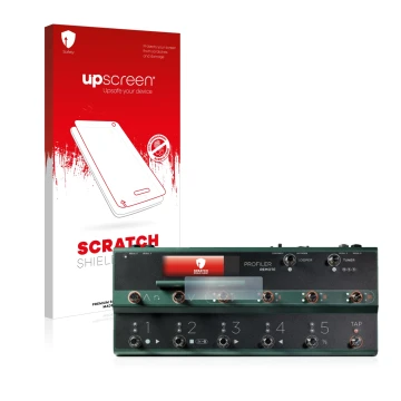 Parte frontal de un envase de producto con el logotipo de la marca upscreen. Al lado se muestra el dispositivo Kemper Profiler