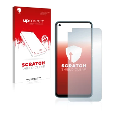 Parte frontal de un envase de producto con el logotipo de la marca upscreen. Al lado se muestra el dispositivo Oppo A76 con su