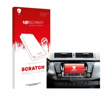Parte frontal de un envase de producto con el logotipo de la marca upscreen. Al lado se muestra el dispositivo Skoda Fabia 3 C