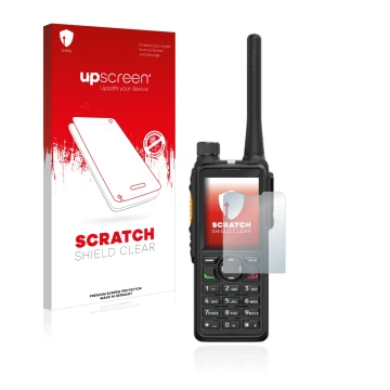 Parte frontal de un envase de producto con el logotipo de la marca upscreen. Al lado se muestra el dispositivo Hytera HP785 co