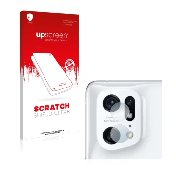 Parte frontal de un envase de producto con el logotipo de la marca upscreen. Al lado se muestra el dispositivo Oppo Find X5 Pr