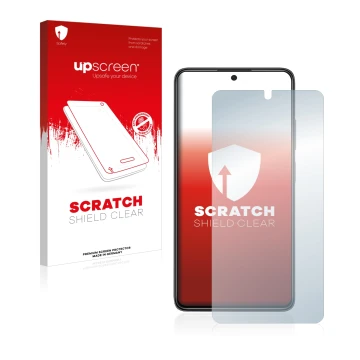 Parte frontal de un envase de producto con el logotipo de la marca upscreen. Al lado se muestra el dispositivo Xiaomi Poco X4 