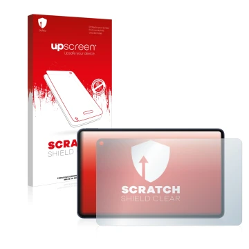 Parte frontal de un envase de producto con el logotipo de la marca upscreen. Al lado se muestra el dispositivo Huawei MatePad 