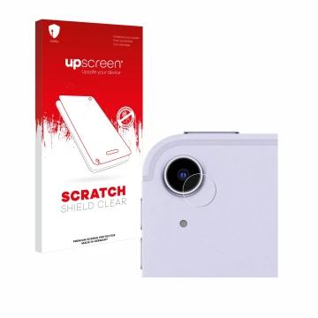 Parte frontal de un envase de producto con el logotipo de la marca upscreen. Al lado se muestra el dispositivo Apple iPad Air 