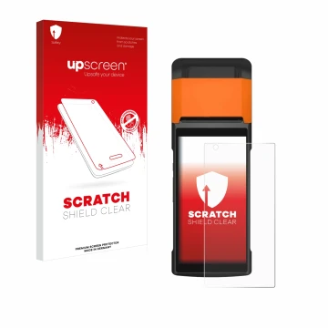 Parte frontal de un envase de producto con el logotipo de la marca upscreen. Al lado se muestra el dispositivo Sunmi V2s con s