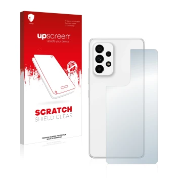 Parte frontal de un envase de producto con el logotipo de la marca upscreen. Al lado se muestra el dispositivo Samsung Galaxy 
