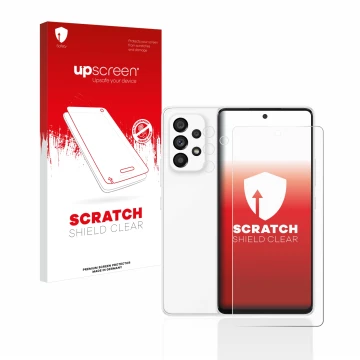Parte frontal de un envase de producto con el logotipo de la marca upscreen. Al lado se muestra el dispositivo Samsung Galaxy 