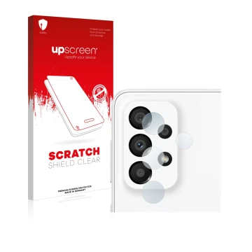 Parte frontal de un envase de producto con el logotipo de la marca upscreen. Al lado se muestra el dispositivo Samsung Galaxy 