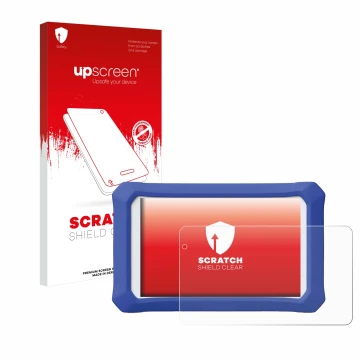 Parte frontal de un envase de producto con el logotipo de la marca upscreen. Al lado se muestra el dispositivo Clementoni Clem