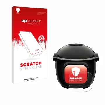 Parte frontal de un envase de producto con el logotipo de la marca upscreen. Al lado se muestra el dispositivo Krups Cook4me T