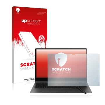 Parte frontal de un envase de producto con el logotipo de la marca upscreen. Al lado se muestra el dispositivo Samsung Galaxy 