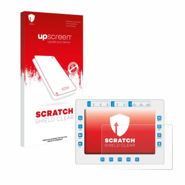 Parte frontal de un envase de producto con el logotipo de la marca upscreen. Al lado se muestra el dispositivo Megasat HD7 Com