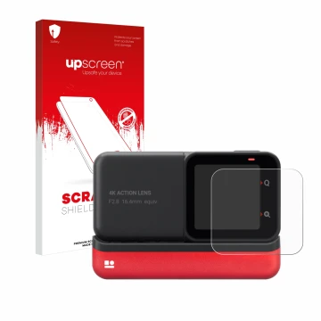 Parte frontal de un envase de producto con el logotipo de la marca upscreen. Al lado se muestra el dispositivo Insta360 One RS