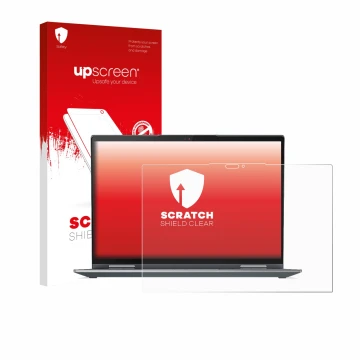 Parte frontal de un envase de producto con el logotipo de la marca upscreen. Al lado se muestra el dispositivo Lenovo ThinkPad