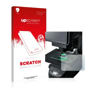 Parte frontal de un envase de producto con el logotipo de la marca upscreen. Al lado se muestra el dispositivo Keyence IM-7030