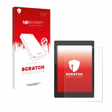 Parte frontal de un envase de producto con el logotipo de la marca upscreen. Al lado se muestra el dispositivo Boox Nova Air C