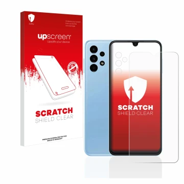 Parte frontal de un envase de producto con el logotipo de la marca upscreen. Al lado se muestra el dispositivo Samsung Galaxy 