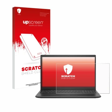 Parte frontal de un envase de producto con el logotipo de la marca upscreen. Al lado se muestra el dispositivo Dell Latitude 3