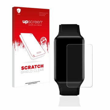 Parte frontal de un envase de producto con el logotipo de la marca upscreen. Al lado se muestra el dispositivo Oppo Watch Free