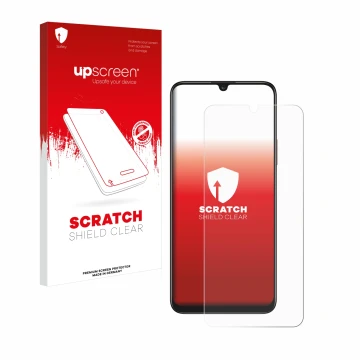 Parte frontal de un envase de producto con el logotipo de la marca upscreen. Al lado se muestra el dispositivo Honor X7 con su