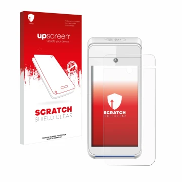 Parte frontal de un envase de producto con el logotipo de la marca upscreen. Al lado se muestra el dispositivo Pax A920 con su