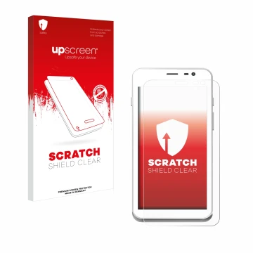 Parte frontal de un envase de producto con el logotipo de la marca upscreen. Al lado se muestra el dispositivo Pax A77 con su 