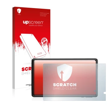 Parte frontal de un envase de producto con el logotipo de la marca upscreen. Al lado se muestra el dispositivo Pritom L8 con s