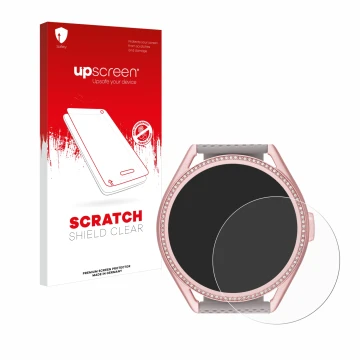 Parte frontal de un envase de producto con el logotipo de la marca upscreen. Al lado se muestra el dispositivo Michael Kors Ac