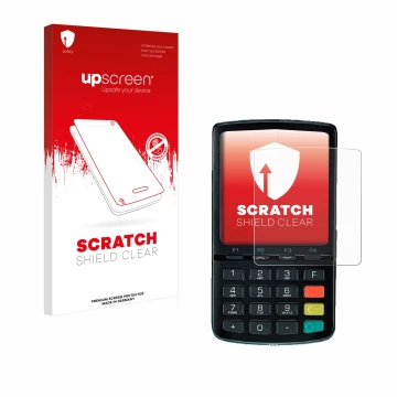 Parte frontal de un envase de producto con el logotipo de la marca upscreen. Al lado se muestra el dispositivo ingenico Link/2