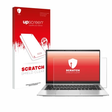 Parte frontal de un envase de producto con el logotipo de la marca upscreen. Al lado se muestra el dispositivo HP EliteBook 84