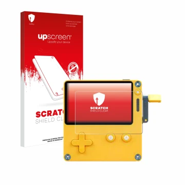 Parte frontal de un envase de producto con el logotipo de la marca upscreen. Al lado se muestra el dispositivo Panic Playdate 