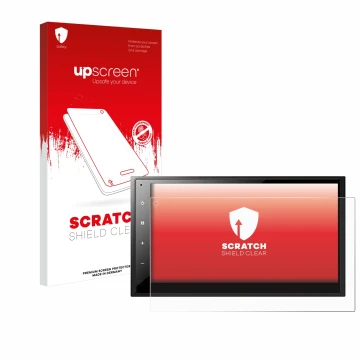 Parte frontal de un envase de producto con el logotipo de la marca upscreen. Al lado se muestra el dispositivo Pioneer DMH-A34