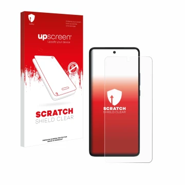 Parte frontal de un envase de producto con el logotipo de la marca upscreen. Al lado se muestra el dispositivo Motorola Edge 3