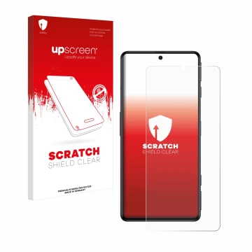 Parte frontal de un envase de producto con el logotipo de la marca upscreen. Al lado se muestra el dispositivo Xiaomi Poco F4 