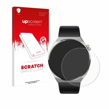 Parte frontal de un envase de producto con el logotipo de la marca upscreen. Al lado se muestra el dispositivo Huawei Watch GT