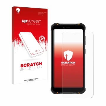 Parte frontal de un envase de producto con el logotipo de la marca upscreen. Al lado se muestra el dispositivo Hotwav T5 Pro c