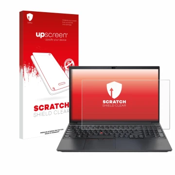 Parte frontal de un envase de producto con el logotipo de la marca upscreen. Al lado se muestra el dispositivo Lenovo ThinkPad