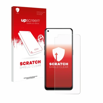 Parte frontal de un envase de producto con el logotipo de la marca upscreen. Al lado se muestra el dispositivo Oppo Reno 8 Lit