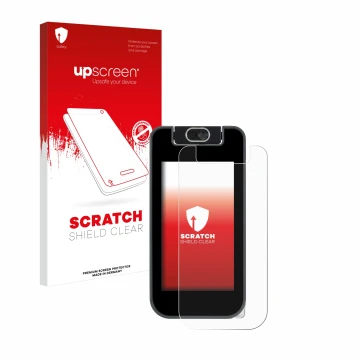 Parte frontal de un envase de producto con el logotipo de la marca upscreen. Al lado se muestra el dispositivo Vtech KidiBuzz 