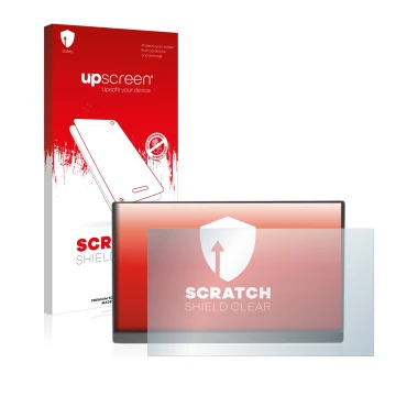 Parte frontal de un envase de producto con el logotipo de la marca upscreen. Al lado se muestra el dispositivo Arzopa 15.6