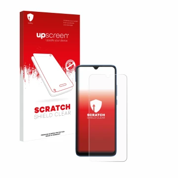 Parte frontal de un envase de producto con el logotipo de la marca upscreen. Al lado se muestra el dispositivo Xiaomi Redmi 10